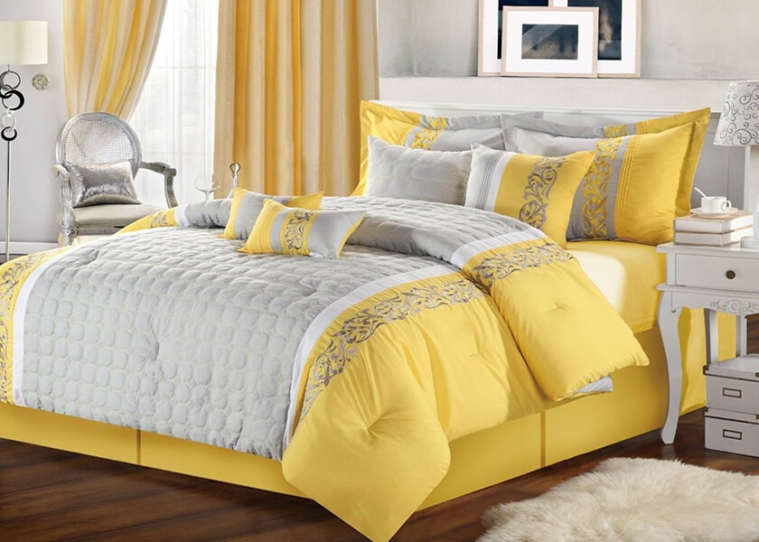 زرد، خاکستری و سفید - بهترین رنگ روتختی برای تخت سفید | کالای خواب بدروم